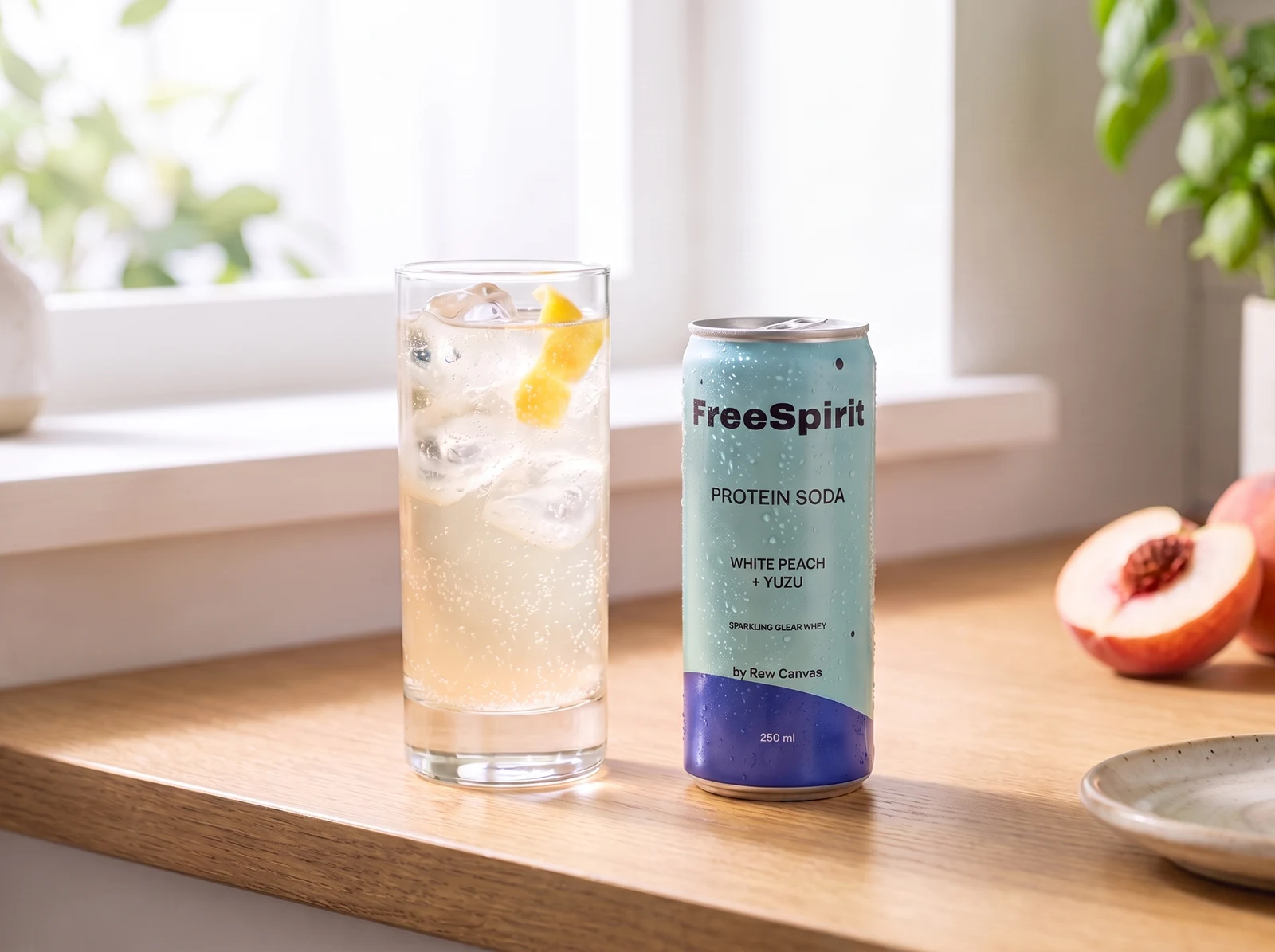 FreeSpirit Protein Soda can beside a clear pale sparkling drink in a highball glass
